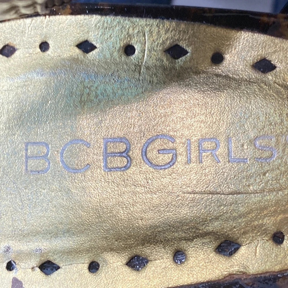 BCBGirls Brown Gold Tortoise Shell Patent Leather Ankle Strap Block Heels Size 9 - Picture 10 of 11